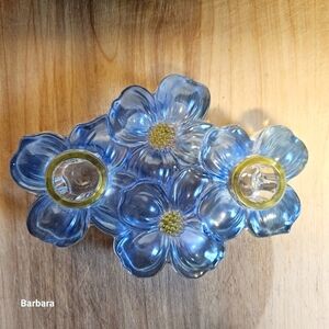 Vintage 50s Blue & Clear Colonial Dogwood Blossom Glass Candleholder